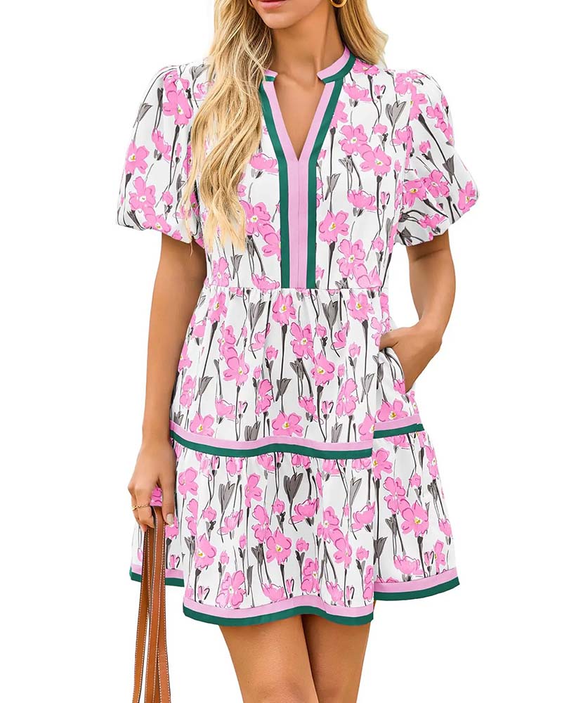 V-Neck Floral Bubble Sleeve Patchwork Dress