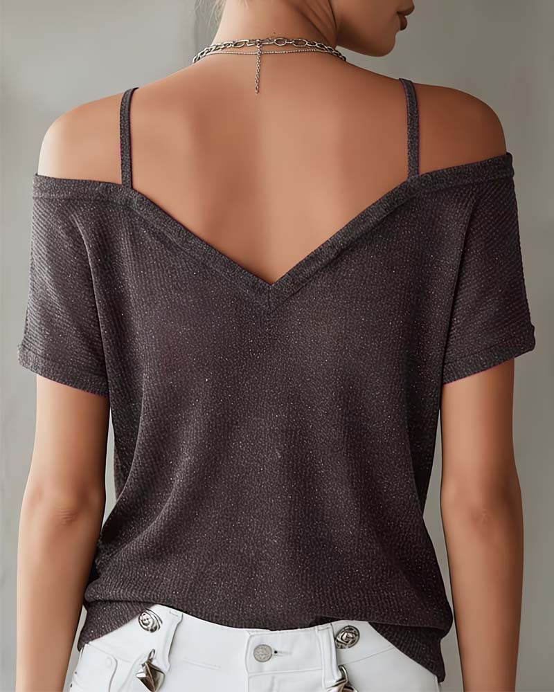 Studded Cold Shoulder Strap V-Neck T-Shirt