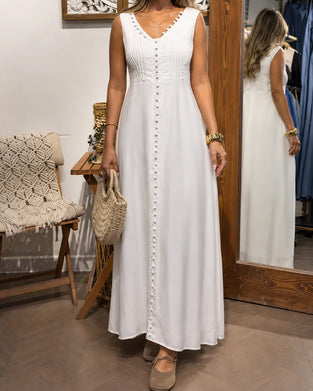 Sleeveless Button Front White Maxi Dress