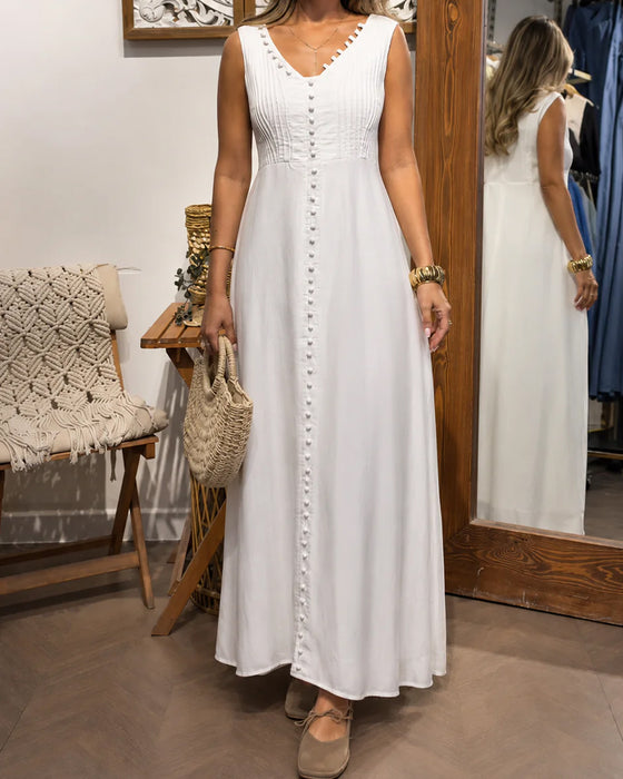 Sleeveless Button Front White Maxi Dress