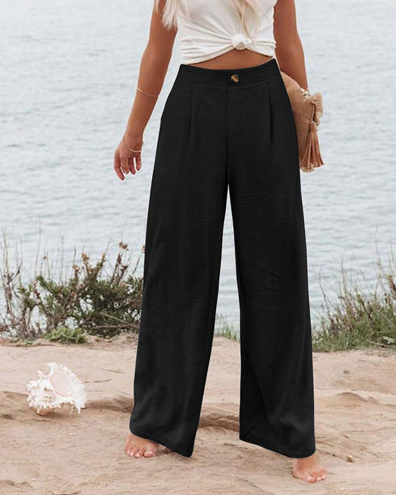 Button Elastic Waist Wide-Leg Pants