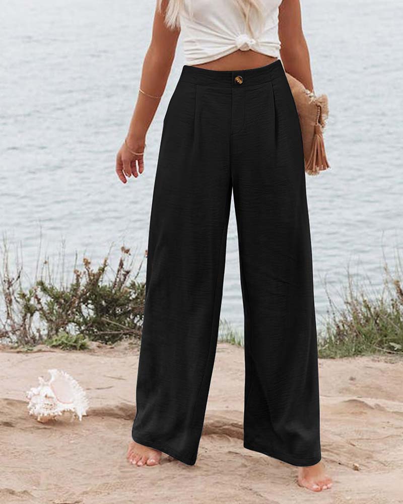 Button Elastic Waist Wide-Leg Pants