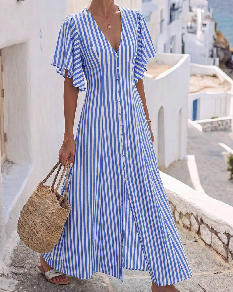 Striped V-Neck Button Dress