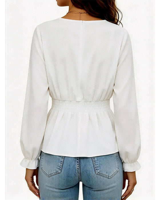 V-Neck Button Pleated Waist Ruffle Blouse