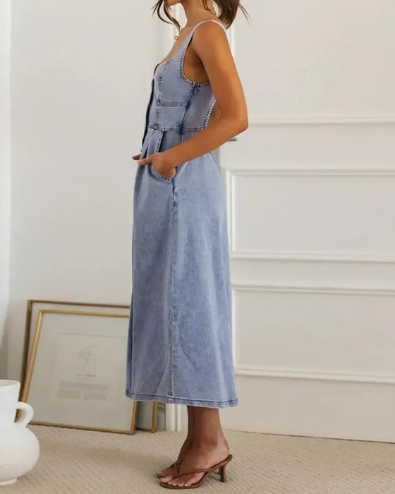 Spaghetti Strap Button Waist-Cinched Denim Dress