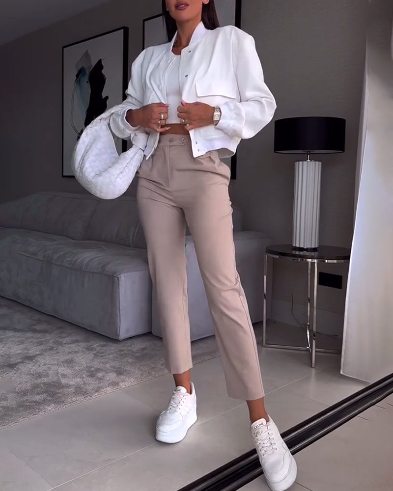 Solid color pocket casual suit pants