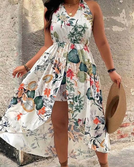 V-Neck Halter Sleeveless Dress + Shorts Set