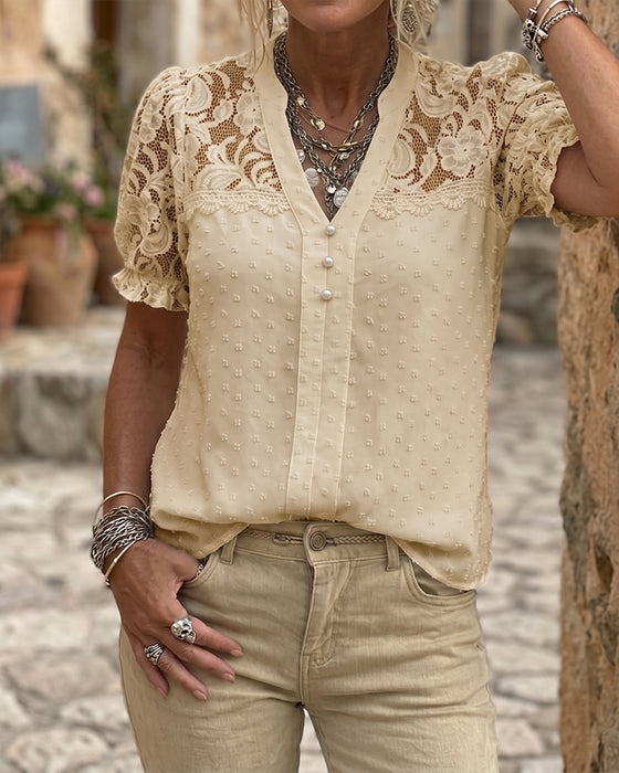 Lace Patchwork Puff Sleeve V-Neck Blouse