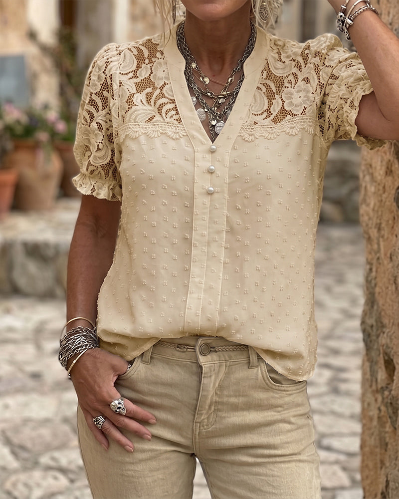 Lace Patchwork Puff Sleeve V-Neck Blouse