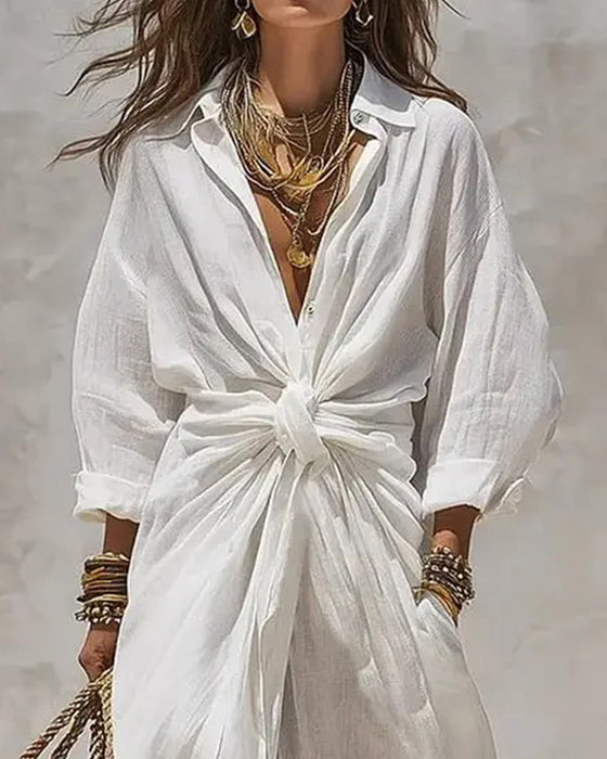 Chic Knot Shirt Long Dress