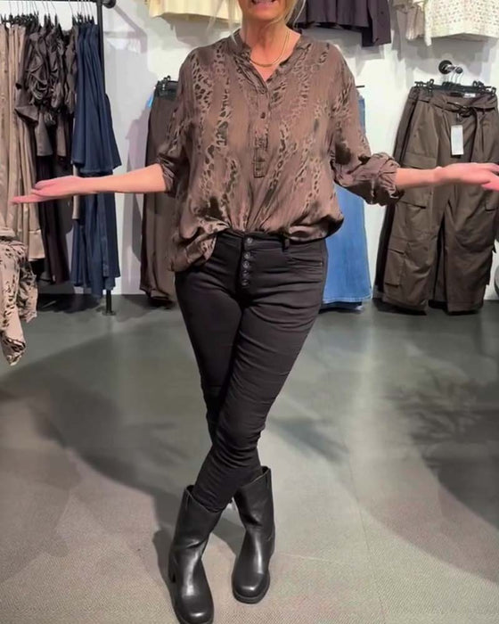 V-Neck Button Front Leopard Print Relaxed Blouse
