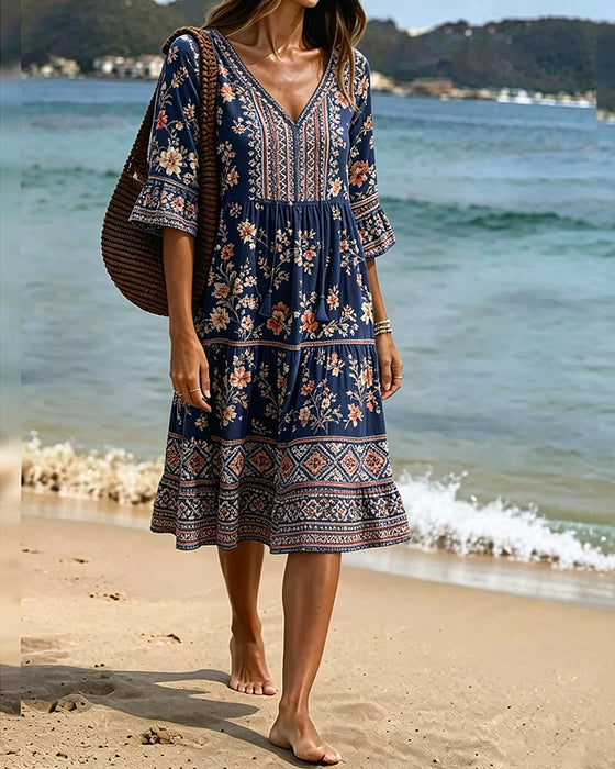 V-Neck Ethnic Floral Patchwork Dress