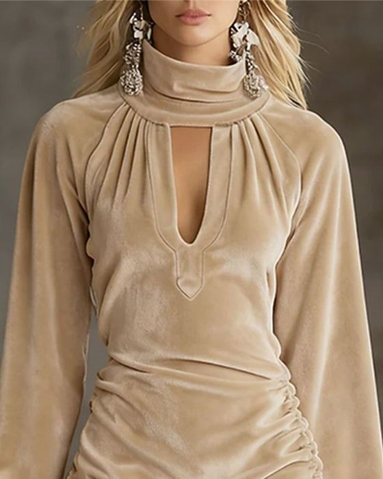 High Neck Hollow Out Shirred Long Sleeve Dress