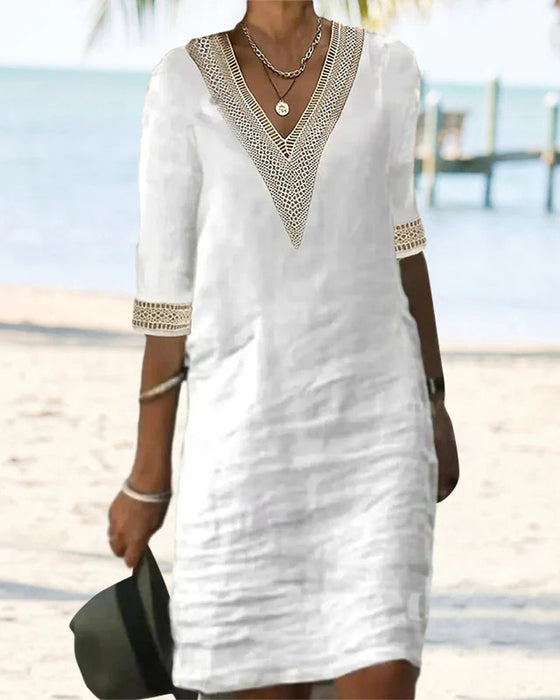 Three-Quarter Sleeve V-Neck Lace Patchwork Dress