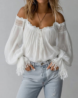 Lace And Tassel Off-The-Shoulder Camisole Top