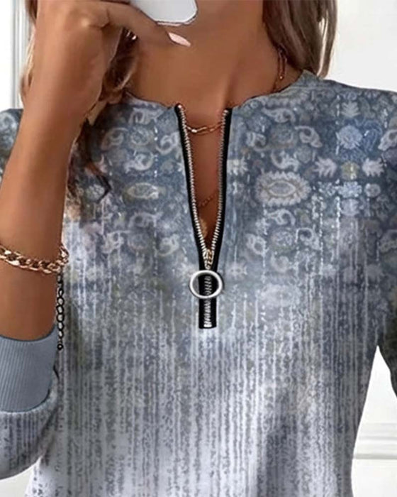 Zipper Retro Printed Sweatshirt