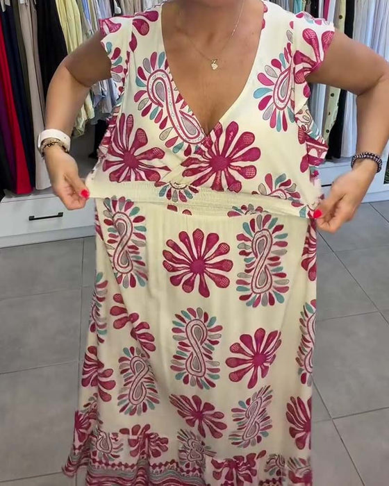 Floral Waist-Cinch Flutter-Sleeve Vacation Maxi Dress
