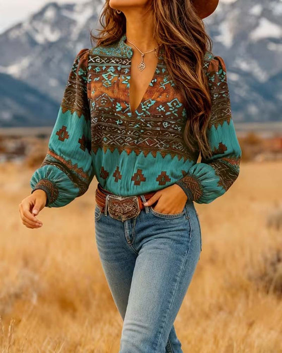Ethnic Print V-Neck Long Sleeve Blouse