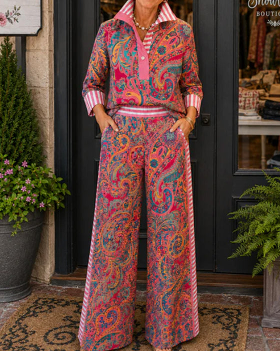 Lapel Stripe Print Shirt + Wide Leg Pants Set