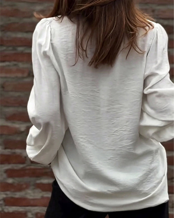 V-Neck Button Front Ruffle Puff Sleeve Blouse