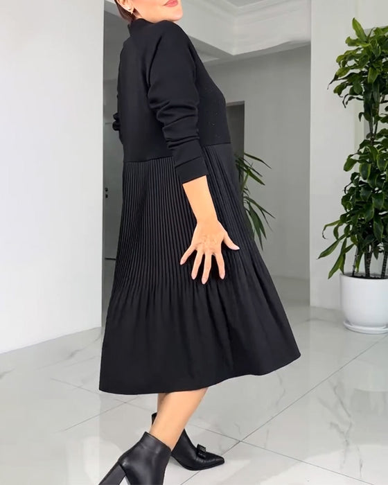 Pleated Paneled Long-Sleeved Dress