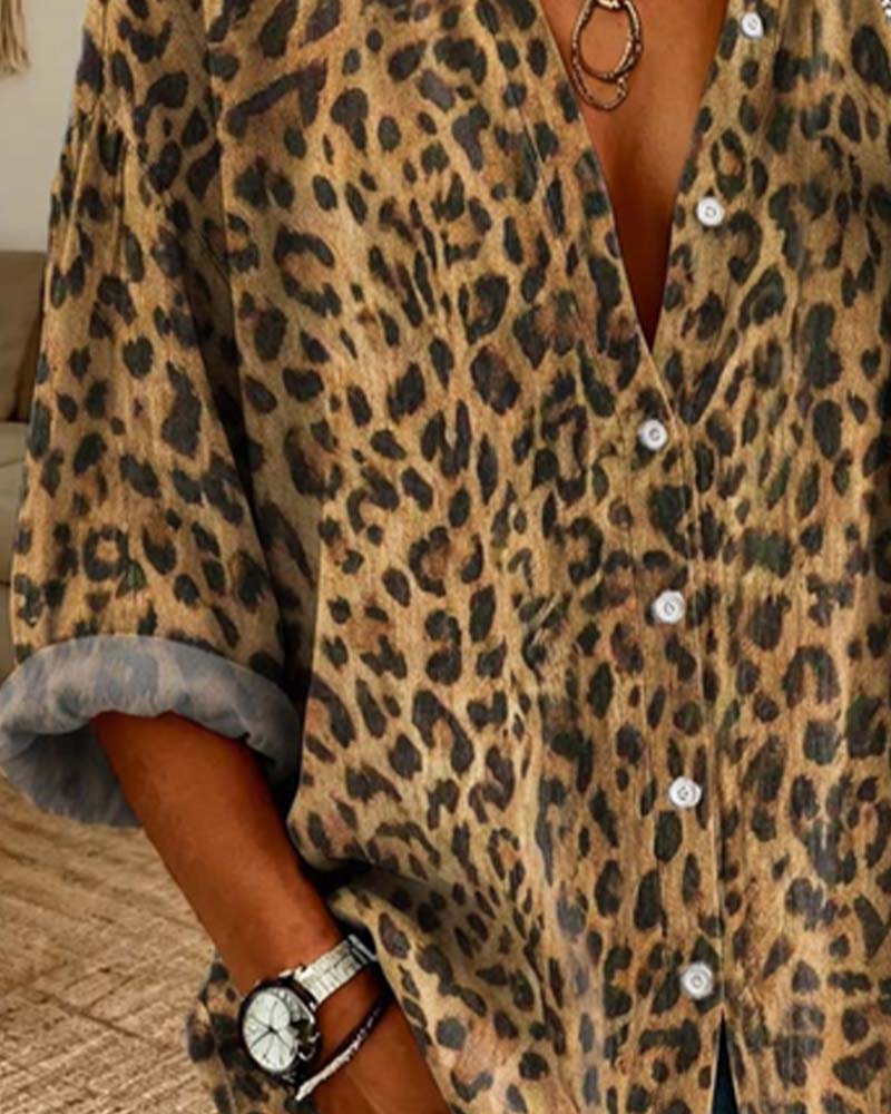 V-Neck Button Leopard Long Sleeve Shirt