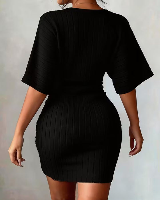 V-Neck Waist-Cinching Ribbed Fitted Dress
