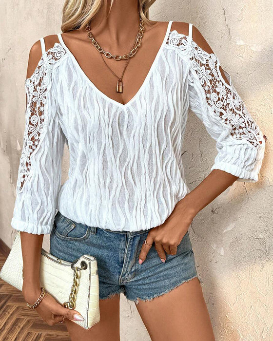 Lace Off-Shoulder Ruched Textured Blouse