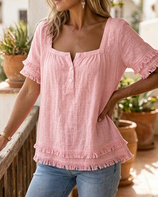 Square Neck Half-Placket Fringe Blouse