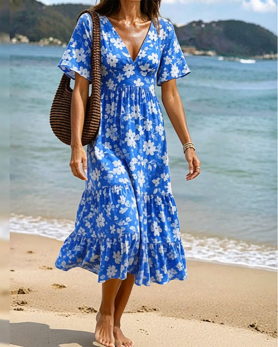 Deep V-Nee Pleated Print Dresses