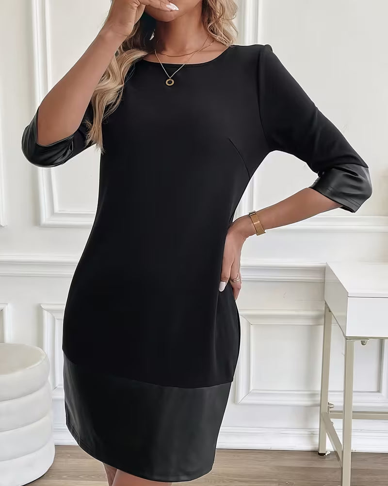 Pu Leather Patchwork Round Neck Dress