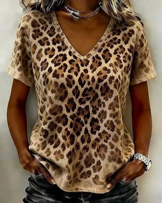 V-Neck Leopard Print Gradient Short-Sleeve T-Shirt