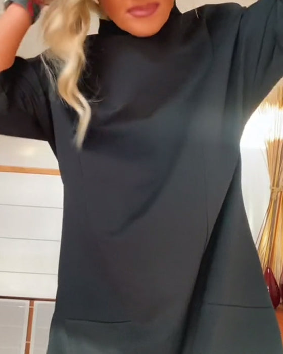 Solid color loose high collar casual dress