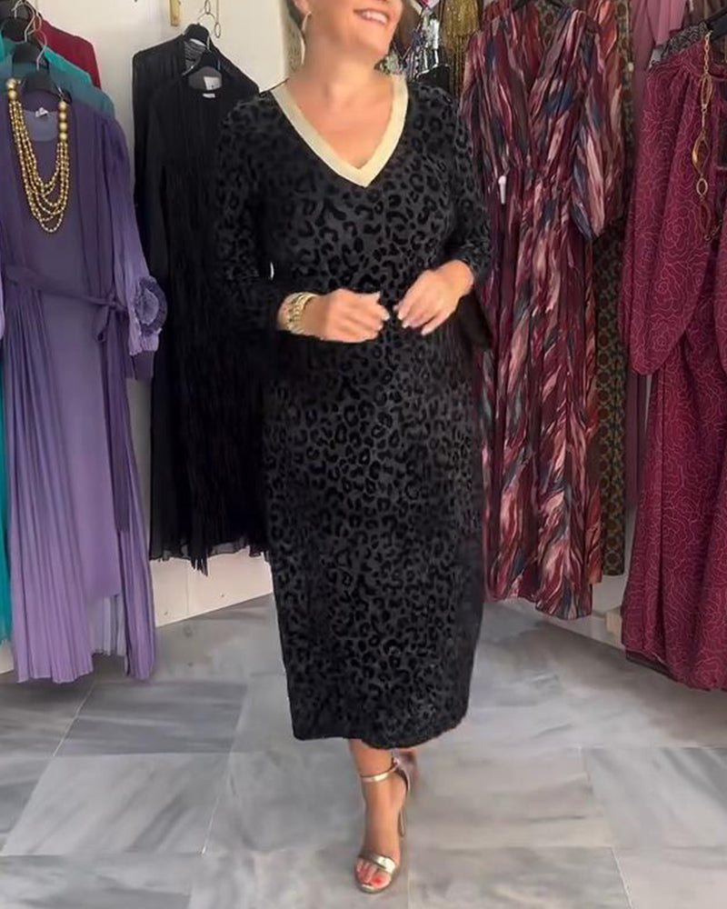 Contrast Color V-Neck Leopard Print Dress