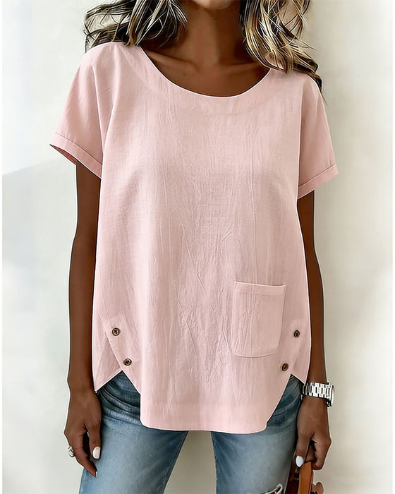 Cotton Linen Button Detail Short Sleeve T-Shirt