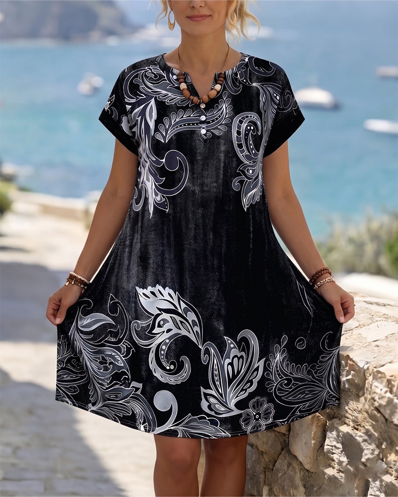 V-Neck Half Placket Print Dress