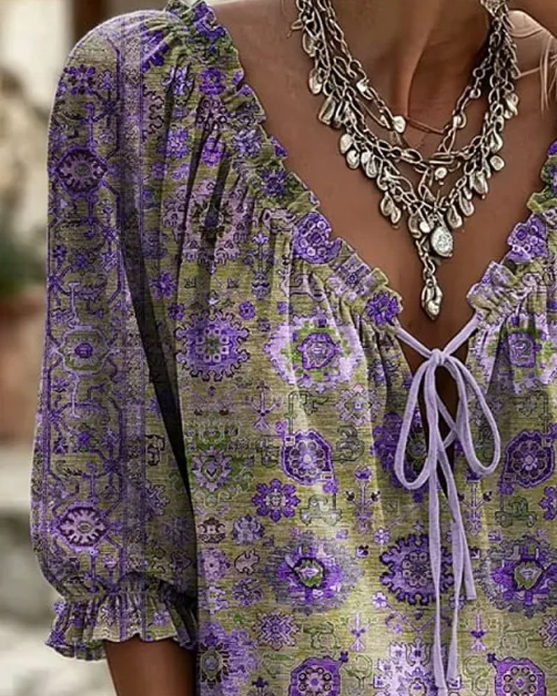 V-Neck Tie Vintage Print Blouse