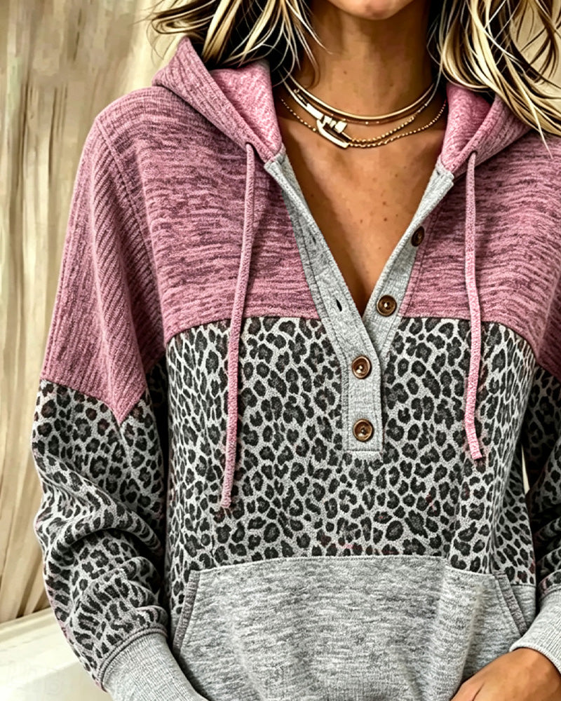Leopard Color-Block Drawstring Hoodie