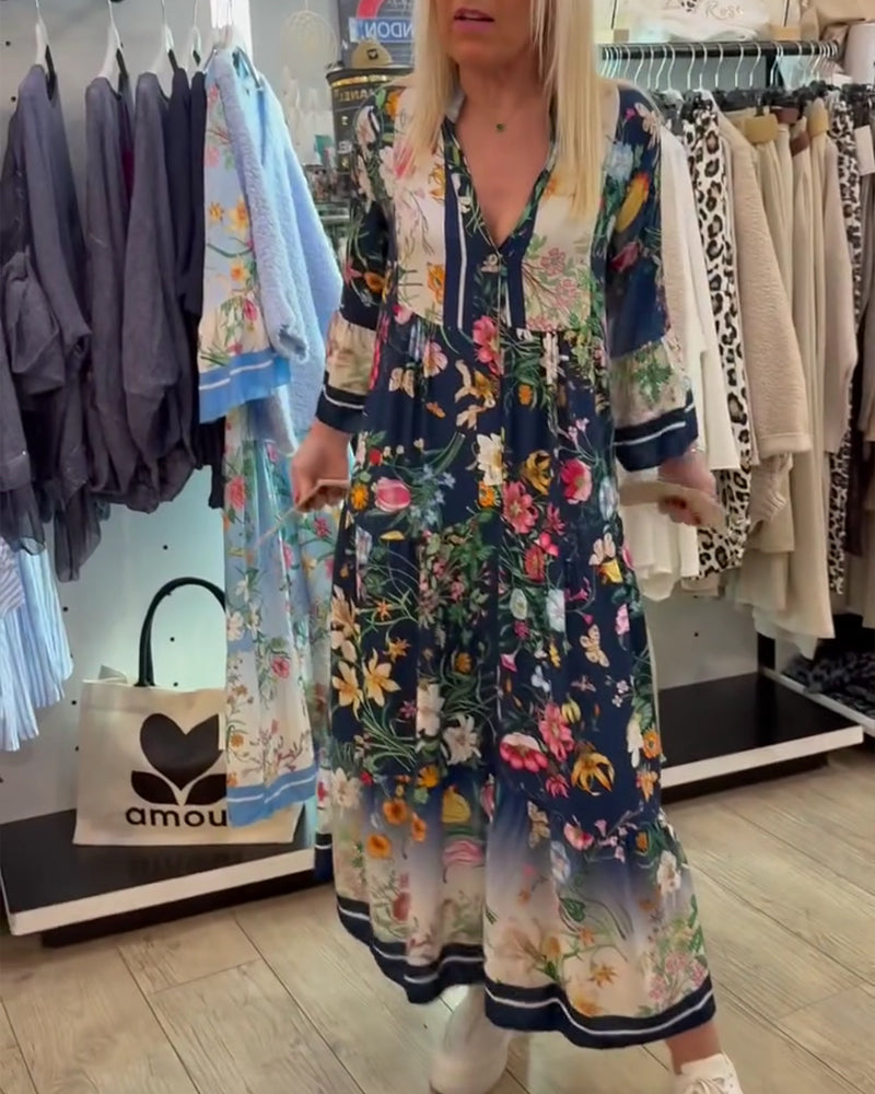 Stand Collar Floral Print Vacation Dress