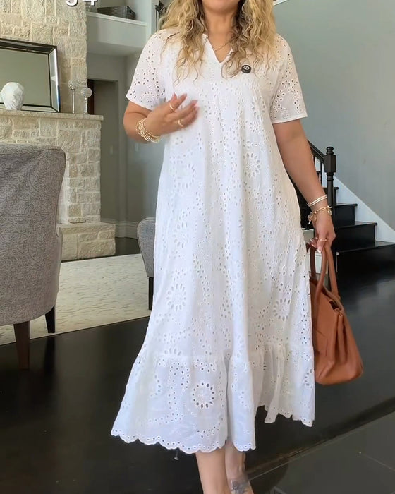 V Neck Hollow Out Ruffle Trim Solid Color Dress