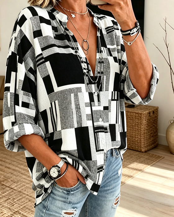 Geometric Print V-Neck Relaxed Blouse