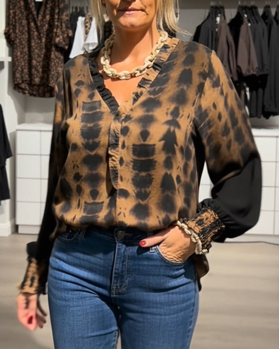 Ruffled V-Neck Tie-Dye Print Blouse
