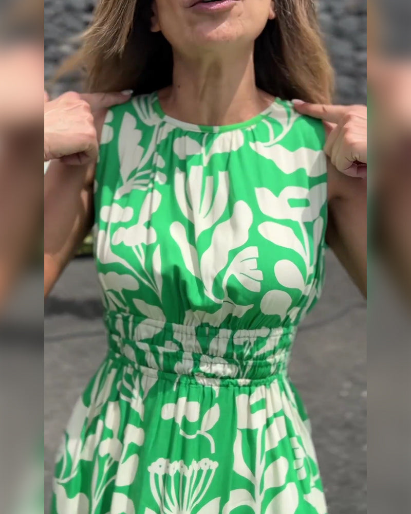 Sleeveless Long Waisted Printed Dress
