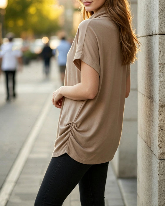 Mock Neck Short Sleeve Side Ruched Blouse