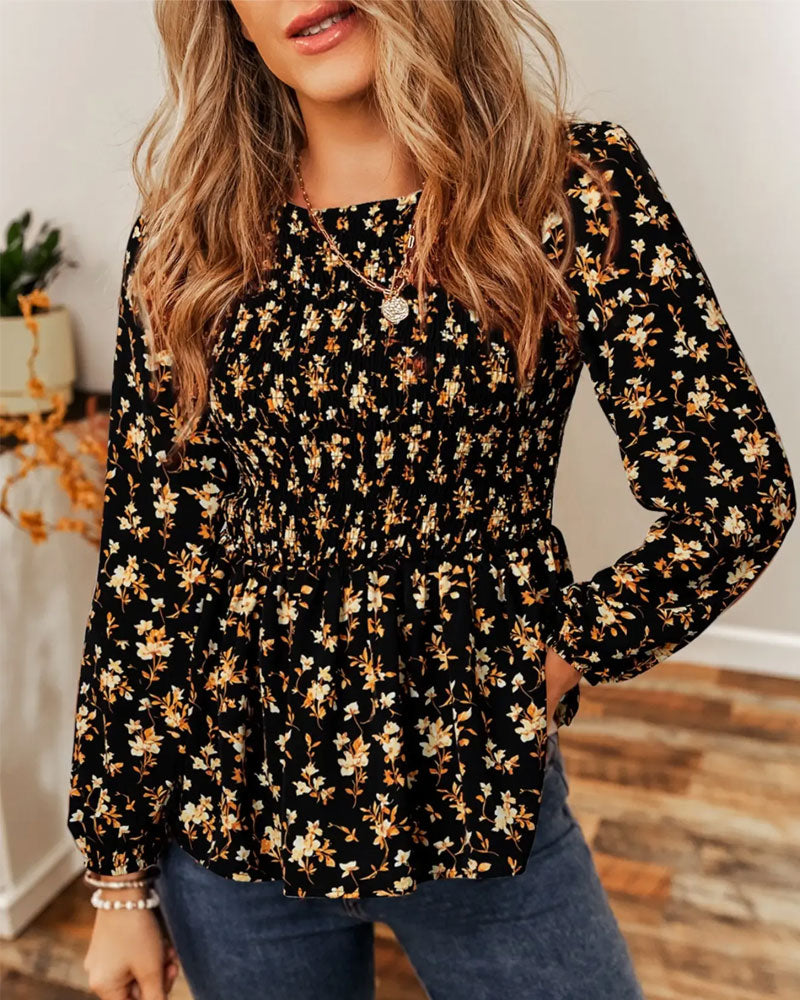 Floral Shirred Long Sleeve Blouse