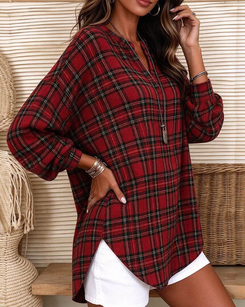V-Neck Plaid Long Sleeve Top