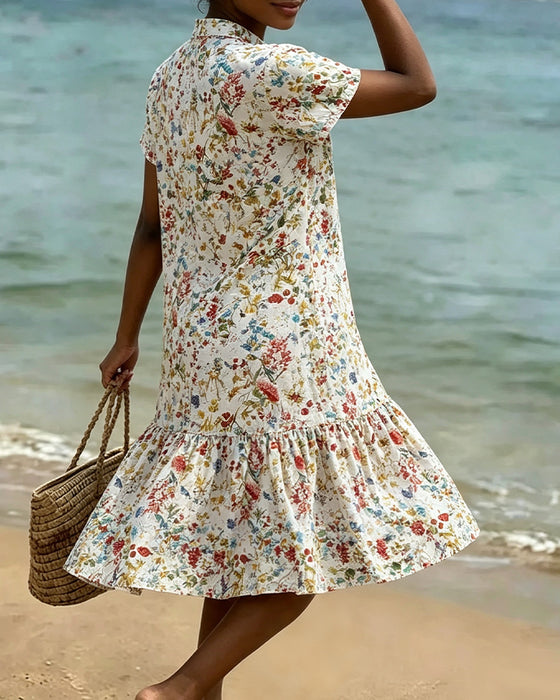 Floral Short-Sleeved Ruffle Hem Dress
