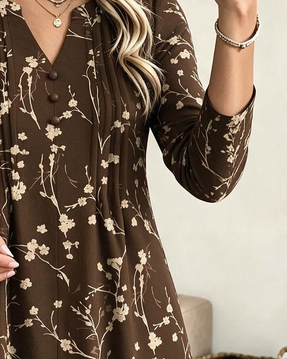 V-Neck Ruched Print A-Line Dress