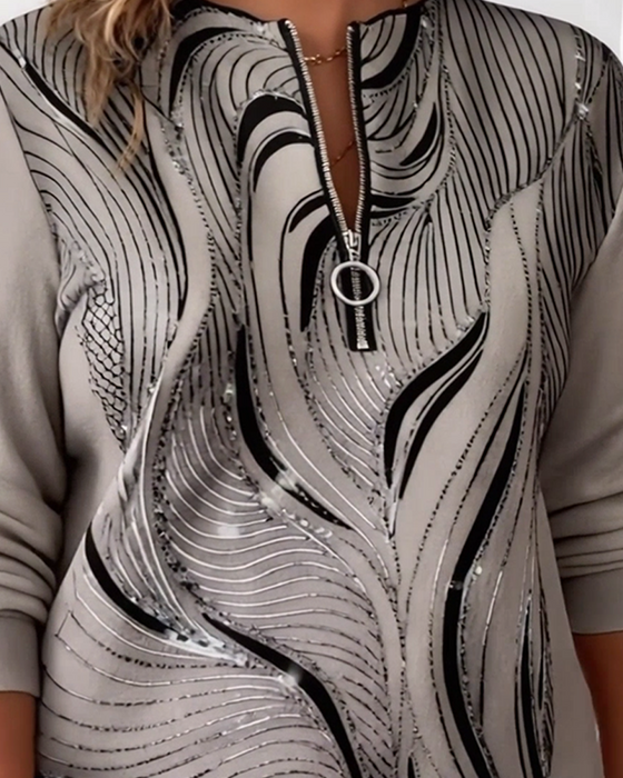 Plus Size Half-Zip Casual Printed Sweatshirt