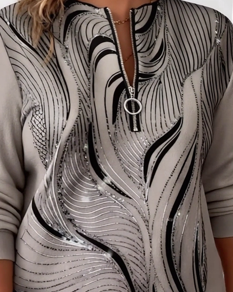 Plus Size Half-Zip Casual Printed Sweatshirt